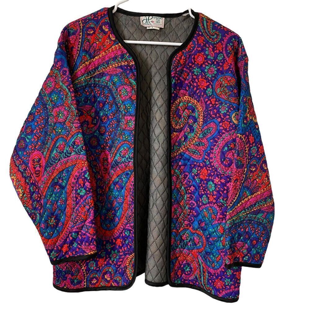 Vtg Haband For Her Jacket Woman's Medium Quilted Paisley Multicolored USA Mod